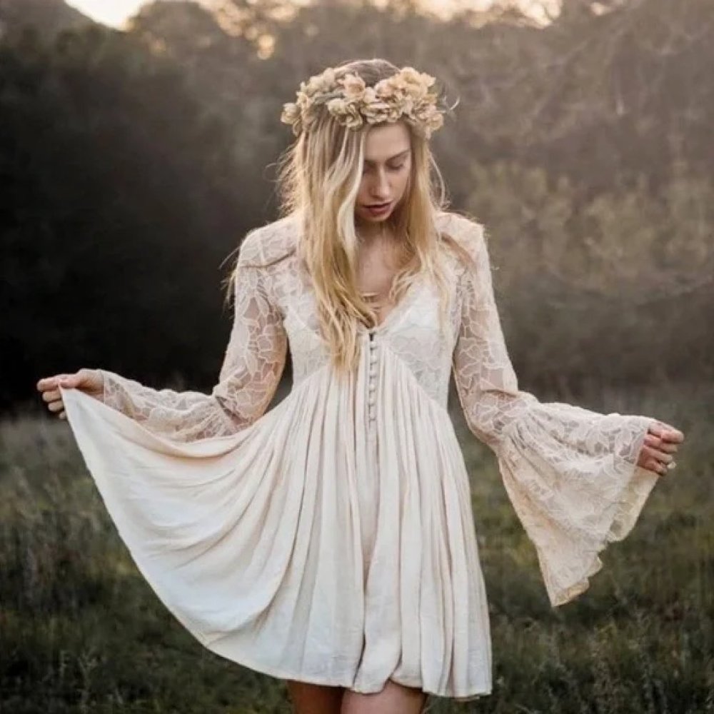 Free People With Love From India Cream Lace Mini Babydoll Dress